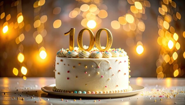 A celebratory cake adorned with golden '100' decorations sits on a plate, illuminated by a warm bokeh background of twinkling lights, signifying a special milestone.
