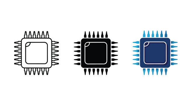 3 minimalist chip icons set technology - logo icons vector set. Blue, Black and white icons