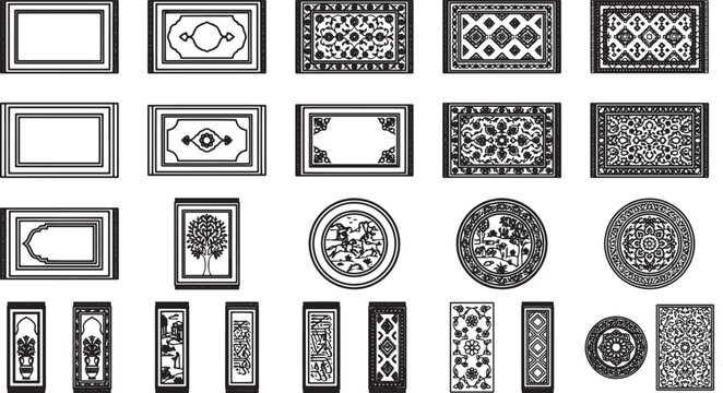 A collection of detailed traditional carpets and rug designs, patterns, and ornaments. The image emphasizes the intricate details and classic style of the rug designs.