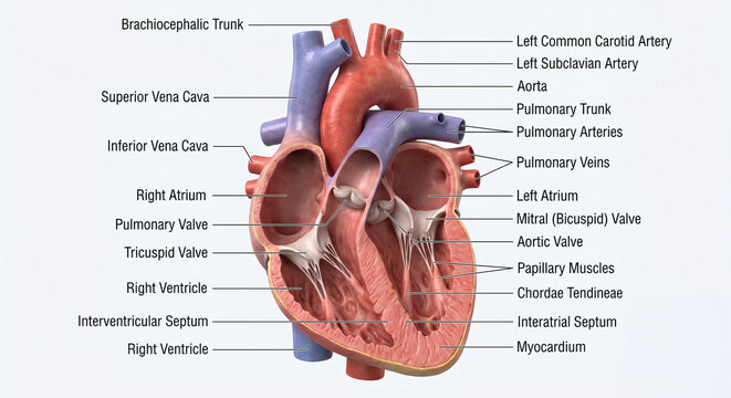 Heart anatomy diagram showing detailed structures and blood flow pathways