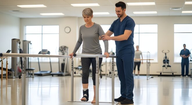 Physical Therapist Assisting Patient Walking with Parallel Bars