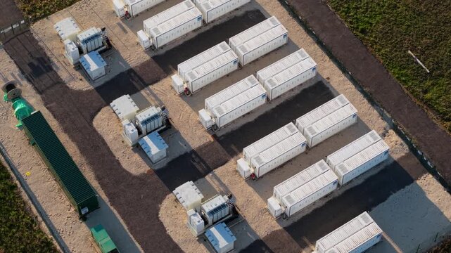 Aerial view of CATL battery energy storage array at Tiln solar farm