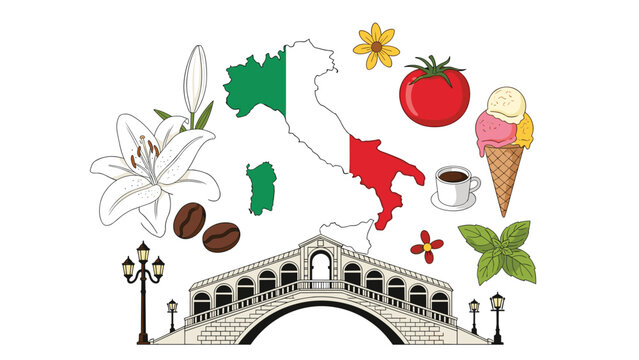 Collection of iconic Italian symbols featuring a map of Italy, delicious food items, flowers, and the Rialto bridge.