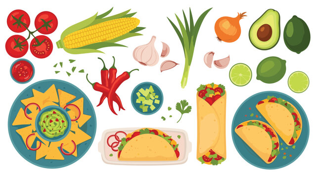 Colorful collection of popular Mexican food items like tacos, nachos with guacamole, burritos, and fresh ingredients.