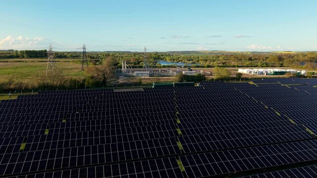 Close up aerial view of battery energy storage systems BESS units near a solar farm in Tiln Retford UK