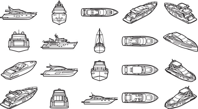 Collection of various luxury yacht designs in monochrome style, showcasing different views of elegant and modern vessels, perfect for nautical themes.