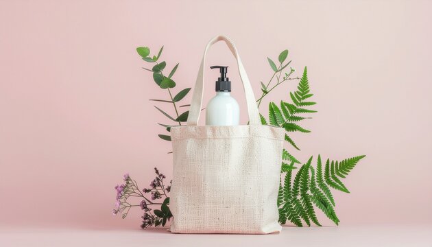 Produk ramah lingkungan dalam tas kain yang dapat digunakan kembali dengan latar belakang merah muda dan tanaman.