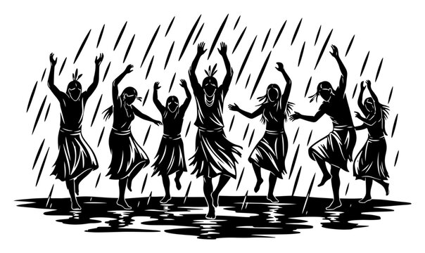 Tribal Rain Dance Ritual Illustration, Indigenous People Dancing in Storm, Ethnic Cultural Celebration Vector