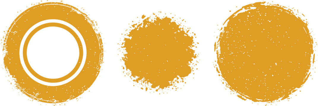 Set of yellow grunge circles and textured round frames, hand-drawn gold paint stamps isolated on white.eps