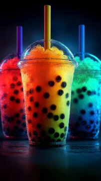 Three plastic cups with colorful bubble tea, with tapioca balls and straws, on dark background. Trendy beverage 