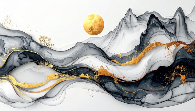 Japanese Ink and Gold Mountain Landscape with Golden Moon