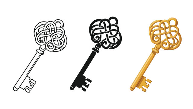 Vintage ornate key vector illustration set - Editable line icons. Vector illustration - Glyph and solid icon set - Icon vector