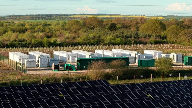 Close up aerial view of battery energy storage systems BESS units near a solar farm in Tiln Retford UK