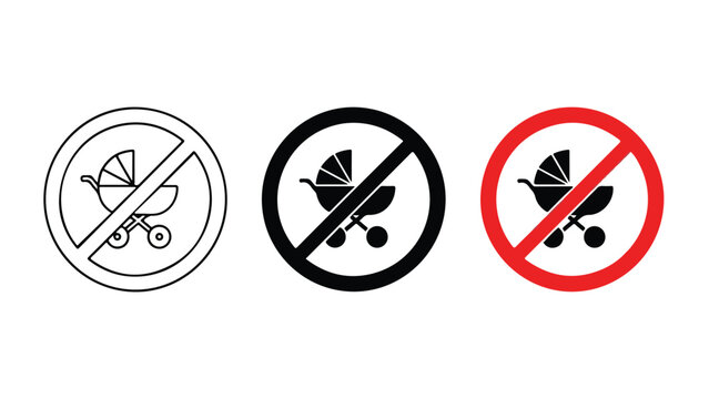 No baby stroller carriage prohibited sign icon - Line and glyph solid icon and logo template - Clipart, sticker - icon set