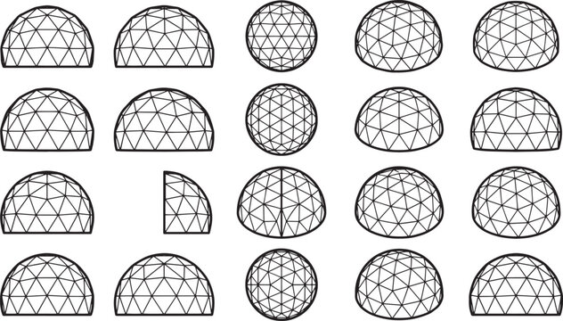 Architectural models of geodesic domes in various shapes, rendered in a simple, geometric style. The image presents a study of architectural forms. 