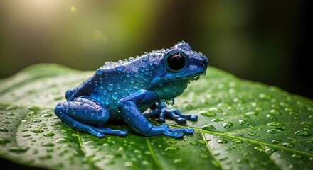 Obraz premium Vibrant blue frog on a leaf wildlife photography and nature macro