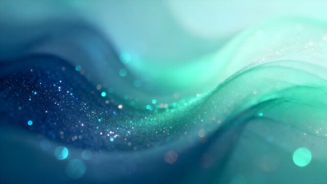 Navy and mint green abstract glowing wave background, ethereal shimmer, delicate glitter grain, dreamy blurred gradients