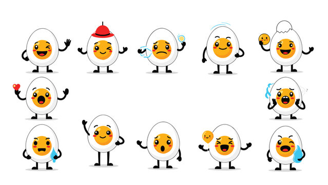 Collection of cute boiled egg characters displaying various emotions and expressions including happy, sad, surprised, and angry.