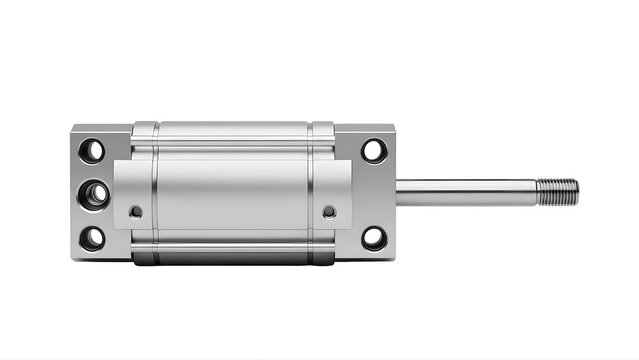 A silver metal pneumatic cylinder with a threaded rod on a white background