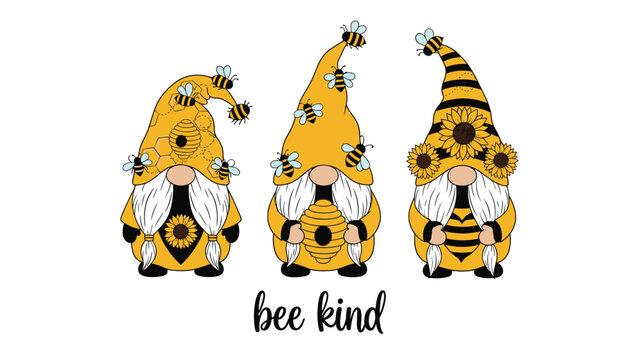 Charming trio of gnomes with bumblebee and sunflower motifs holding a honeycomb and flowers above the words bee kind.