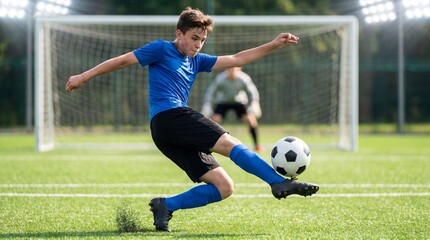 Naklejka premium Teen boy kicking soccer ball during penalty shot on field 