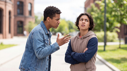 Obraz premium Teen boys arguing outdoors on sunny day in urban setting 