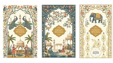 Indian mughal style decorative art panels with traditional architecture and motifs © Saharia