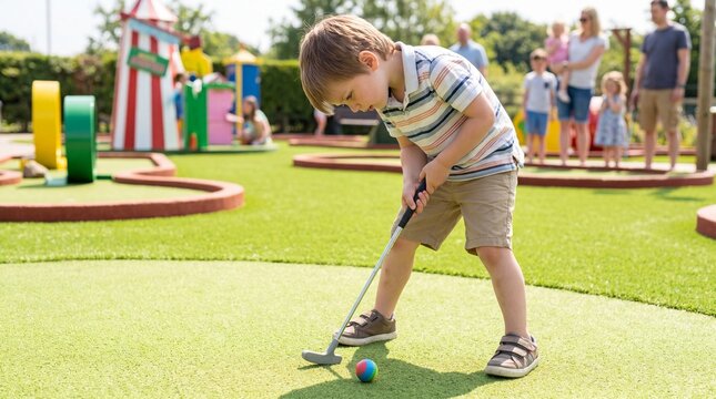 Young boy playing mini golf with focused expression on sunny day  