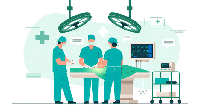 Medical professionals performing surgery on patient in operating room with equipment
