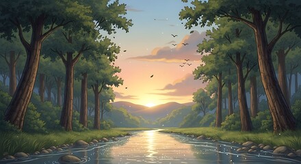 Obraz premium Serene forest river at golden sunset with distant mountains
