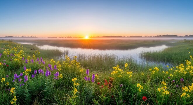 A breathtaking panoramic view of a lush green fen at sunrise, with mist rising over tranquil marsh waters and vibrant wildflowers blooming, sunrise, sky, horizon