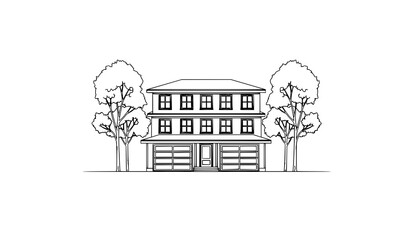 Fototapeta premium Front view suburban house vector with two story home and garage black and white symmetry design
