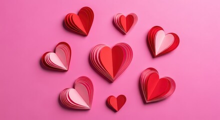 Fototapeta premium A creative studio shot featuring various handcrafted paper hearts arranged artistically over a vibrant pink backdrop for a romantic mood, hearts, flat lay, abstract
