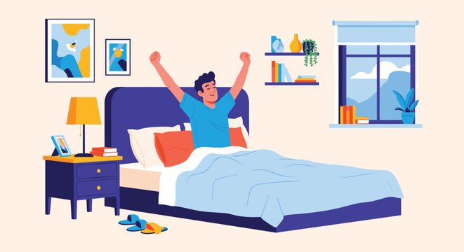 Young man waking up in his bedroom and stretching his arms with a smile to start his day with a positive and energetic attitude.