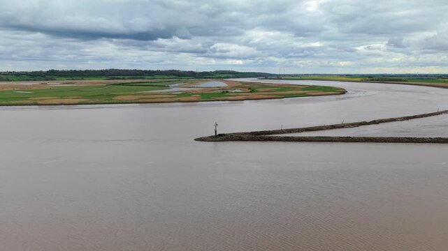 Aerial drone view of Trent Falls where the River Trent and River Ouse split in Yorkshire UK