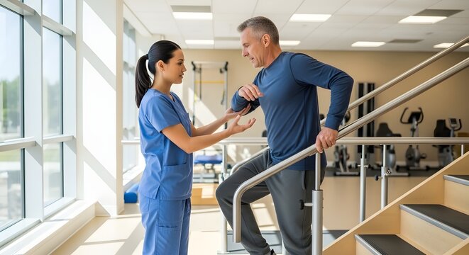Female physiotherapist assisting senior man with rehabilitation exercise in clinic