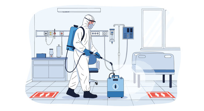Worker in a white hazmat suit and protective gear sprays disinfectant to sanitize a hospital room as part of a deep cleaning procedure.