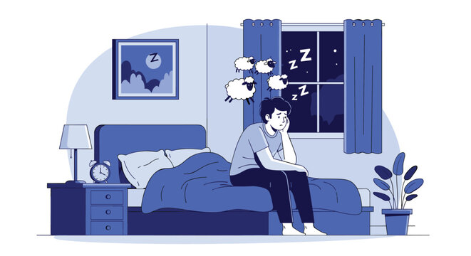 Man sits on the edge of his bed at night in a dimly lit blue room, struggling with insomnia while counting sheep jumping over his head.