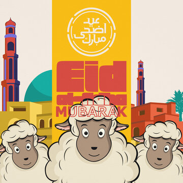 Modern Islamic flat illustration for Eid al-Adha featuring cute sheep and a vibrant cityscape. Perfect for social media posts, greeting cards, banners, and festive event posters.