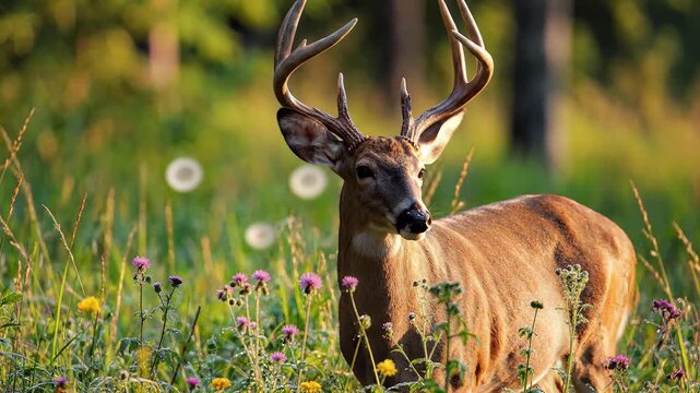 A deer with large antlers stands in a field of wildflowers on a sunny day in a natural landscape.