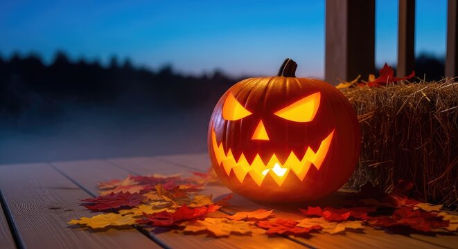 A glowing Halloween jack o lantern with a spooky carved face sits on a rustic wooden porch at dusk surrounded by autumn leaves and hay, scary, autumn, festive