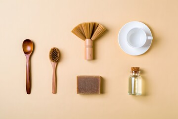 Fototapeta premium Natural spa essentials: wooden spoons, massage brush, soap bar, essential oil bottle, and teacup, neatly arranged on a calming beige background.