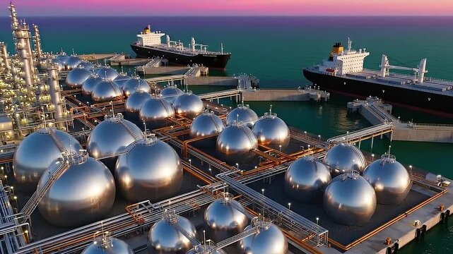 Liquefied natural gas storage tanks at a port facility with large cargo ships