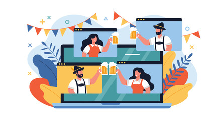 Naklejka premium Group of people in traditional Bavarian clothing have a virtual beer celebration on a laptop screen with festive flags and leaves.
