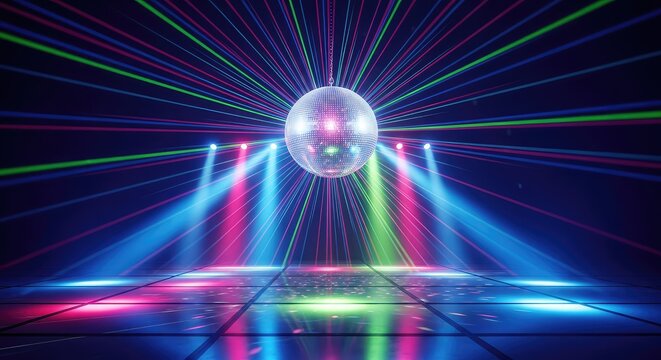 A vibrant nightclub interior features a glossy dance floor lit by neon spotlights and a shimmering mirror ball reflecting colorful rays, bokeh, illumination, club