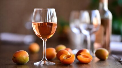 Naklejka premium Wine glass filled with rose surrounded by apricots on table