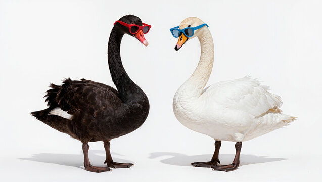 A black swan wearing red sunglasses and white swan wearing blue sunglasses standing on the white background , isolate.