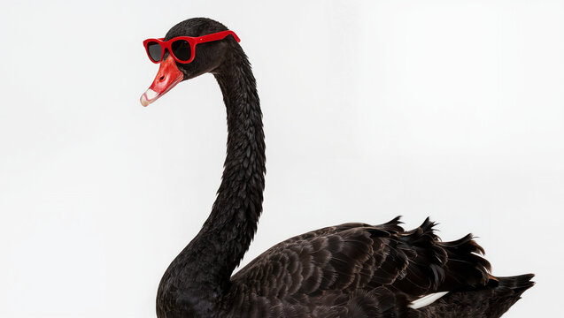 Close up a black swan wearing red sunglasses , isolate , white background.