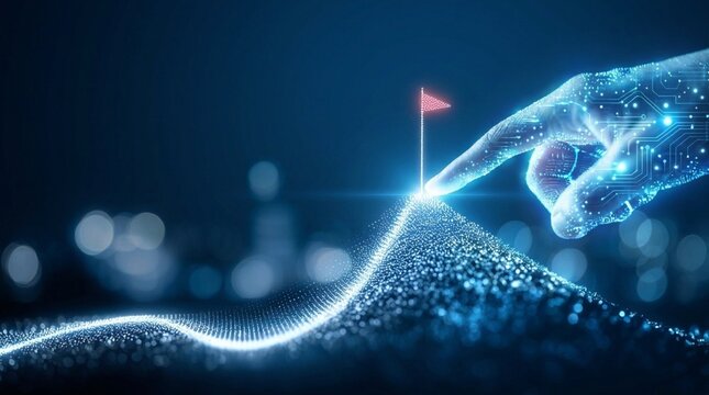 A conceptual representation of a Strategic business growth objective highlighted by a fingertip touching a rising digital landscape that symbolizes direction growth and long term achievement.