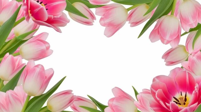 Pink tulip border forming a floral frame with white center space for copy. spring blossoms and fresh green leaves in a seamless pattern